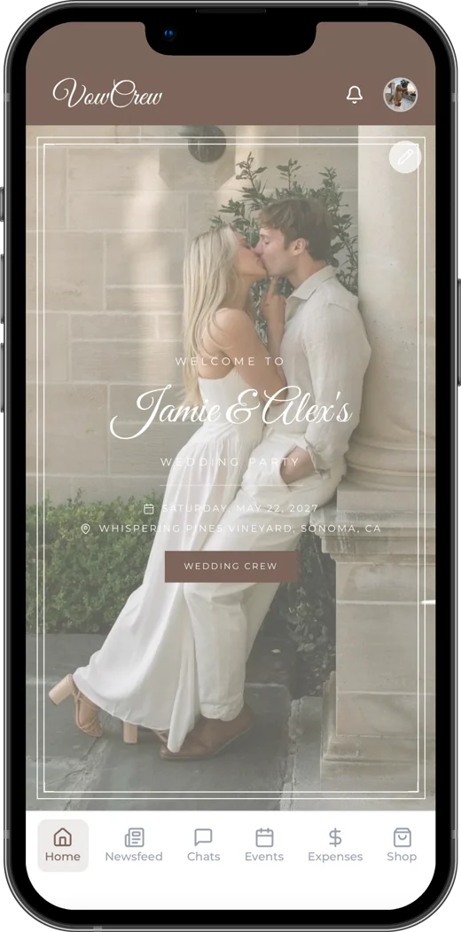 The VowCrew home screen with the wedding party welcome page