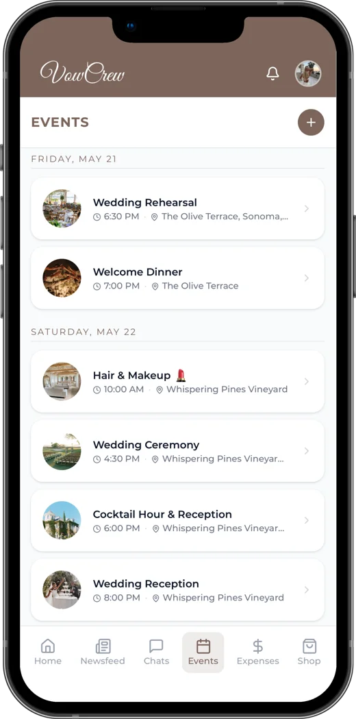 The VowCrew Events tab, with the rehearsal, dinner, hair and makeup, ceremony and reception listed by day