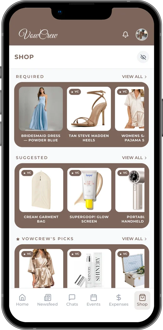 The VowCrew Shop tab, with required, suggested and recommended items for the wedding party