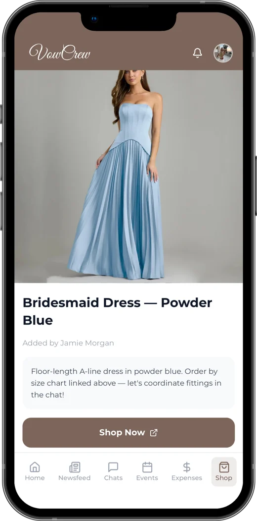 A bridesmaid dress in the VowCrew Shop, with a note from the bride and a Shop Now button