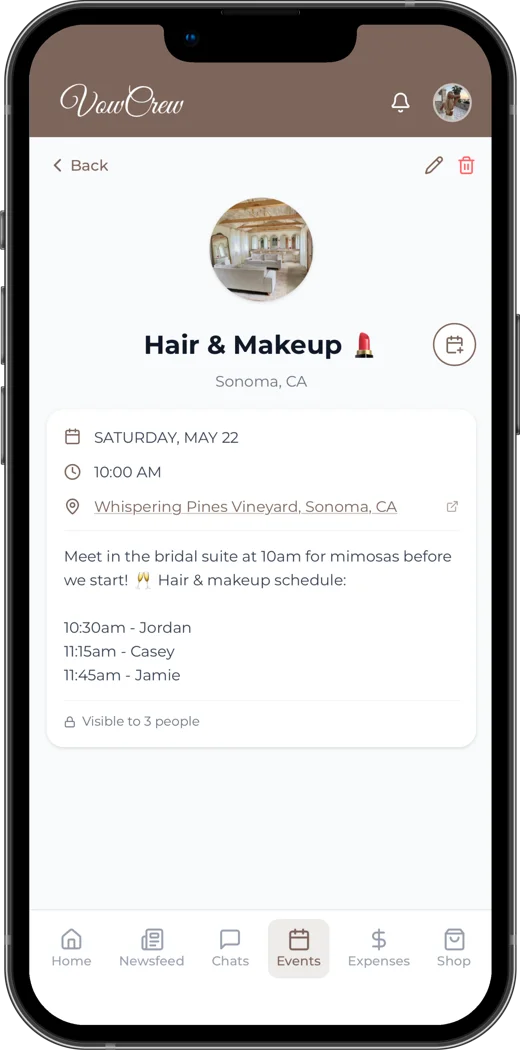 A Hair & Makeup event in VowCrew with the schedule of who goes when, visible to 3 people
