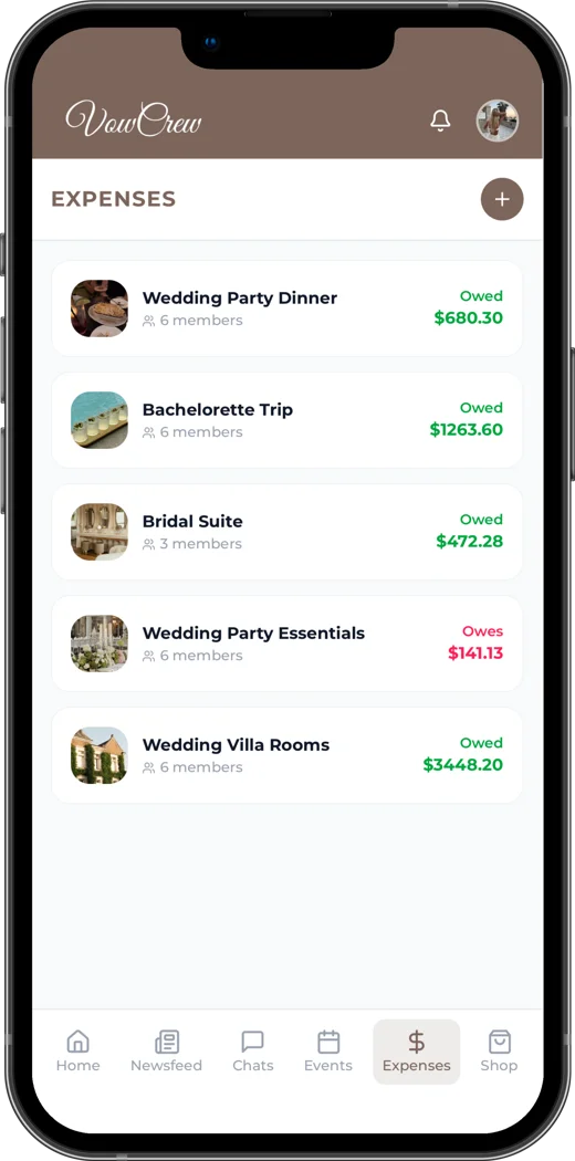 The VowCrew Expenses tab, with the wedding party dinner, bachelorette trip and villa rooms and what's owed on each