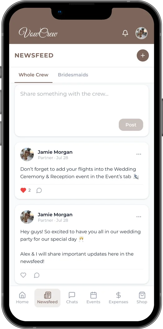 The VowCrew Newsfeed, with a post from the bride sharing important updates with the whole crew
