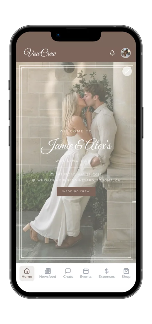 The VowCrew app home screen, with tabs for Newsfeed, Chats, Events, Expenses and Shop