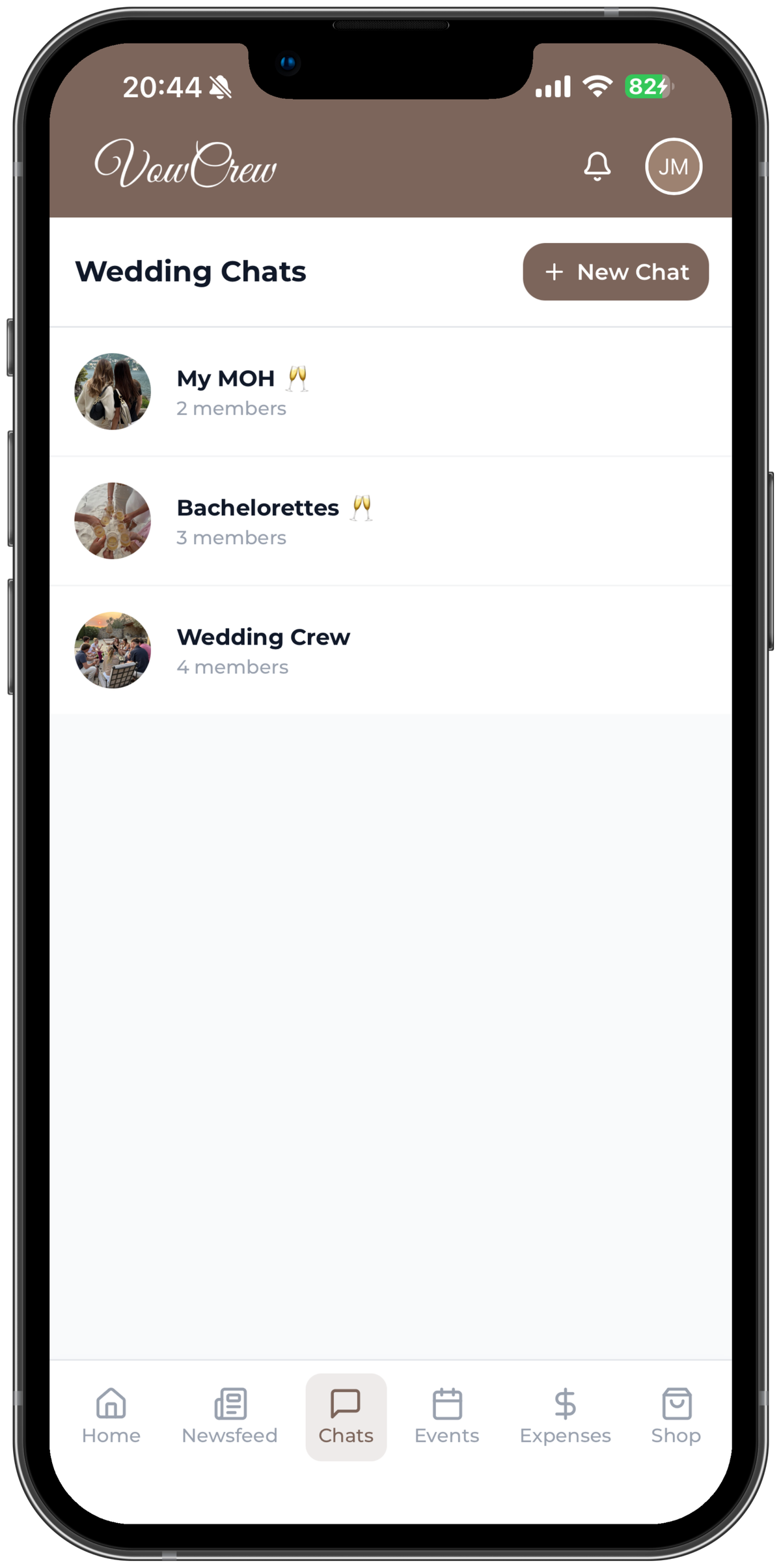VowCrew Chats screen listing "My MOH," "Bachelorettes," and "Wedding Crew" group chats