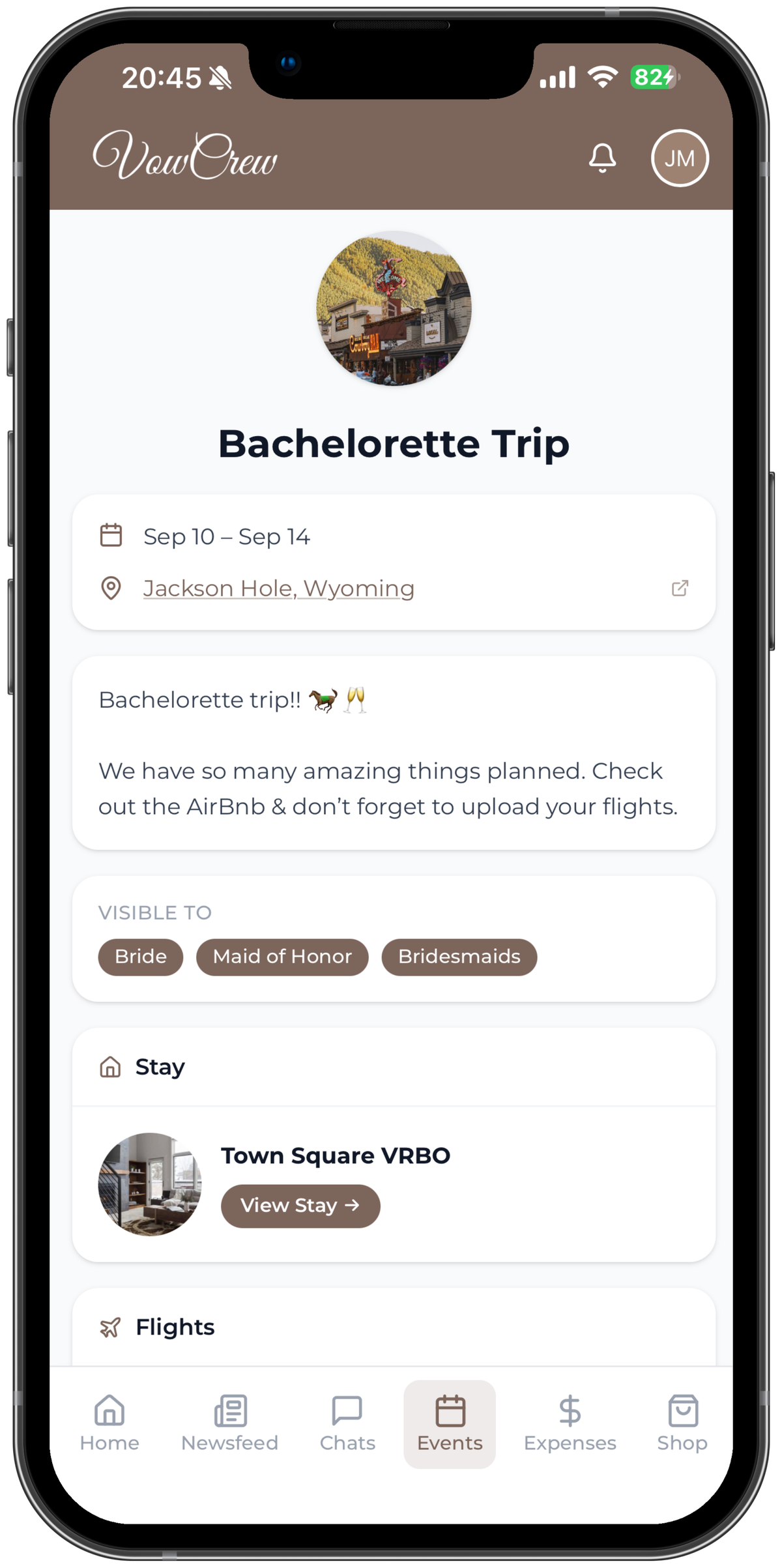 Bachelorette Trip event detail showing dates, location, visibility, and stay info