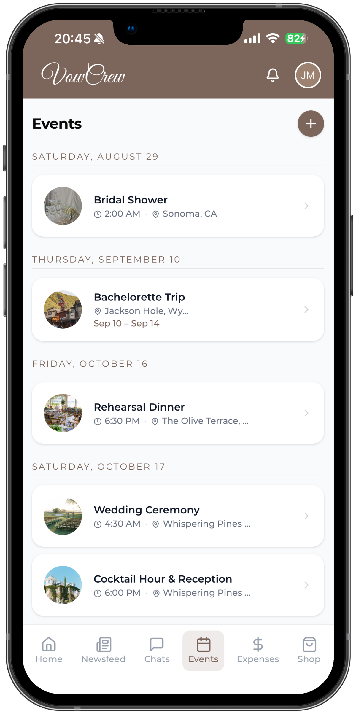VowCrew Events screen listing the full wedding itinerary from bridal shower to reception