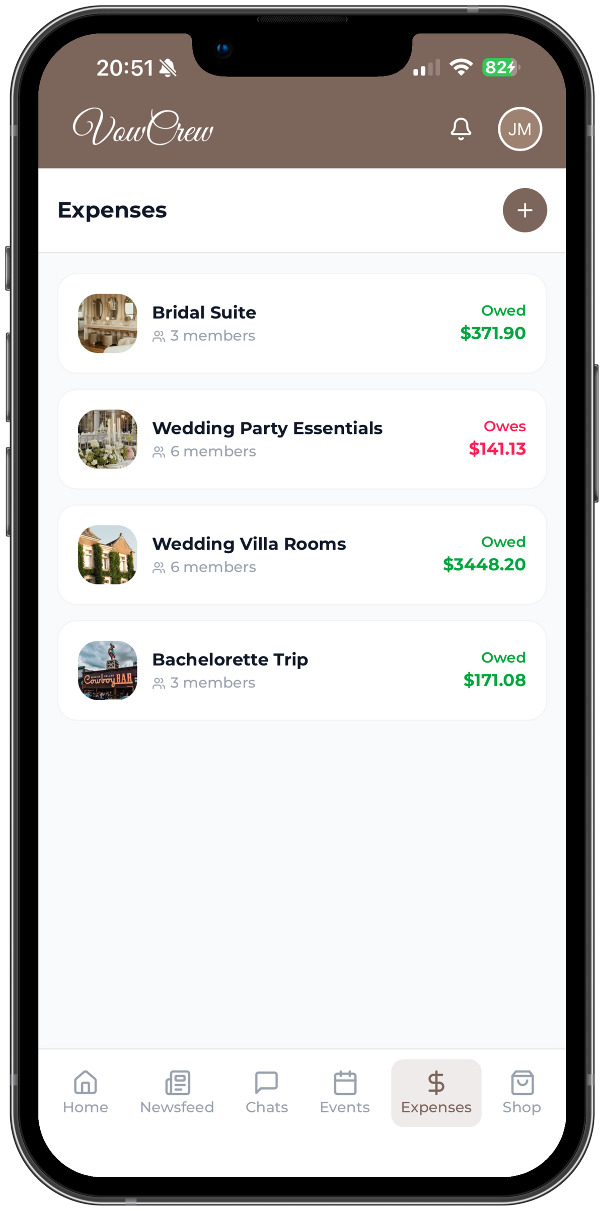 VowCrew Expenses screen listing expense groups with owed and owes balances