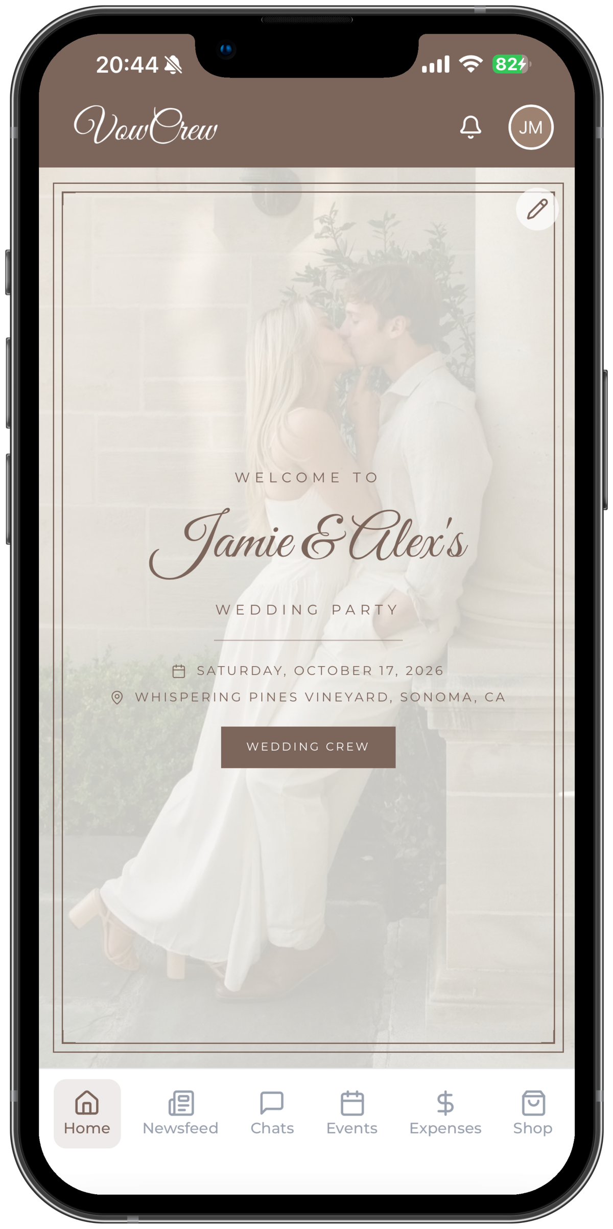 VowCrew Home screen showing a wedding welcome card with the couple's photo, date, and venue, plus a Wedding Crew button