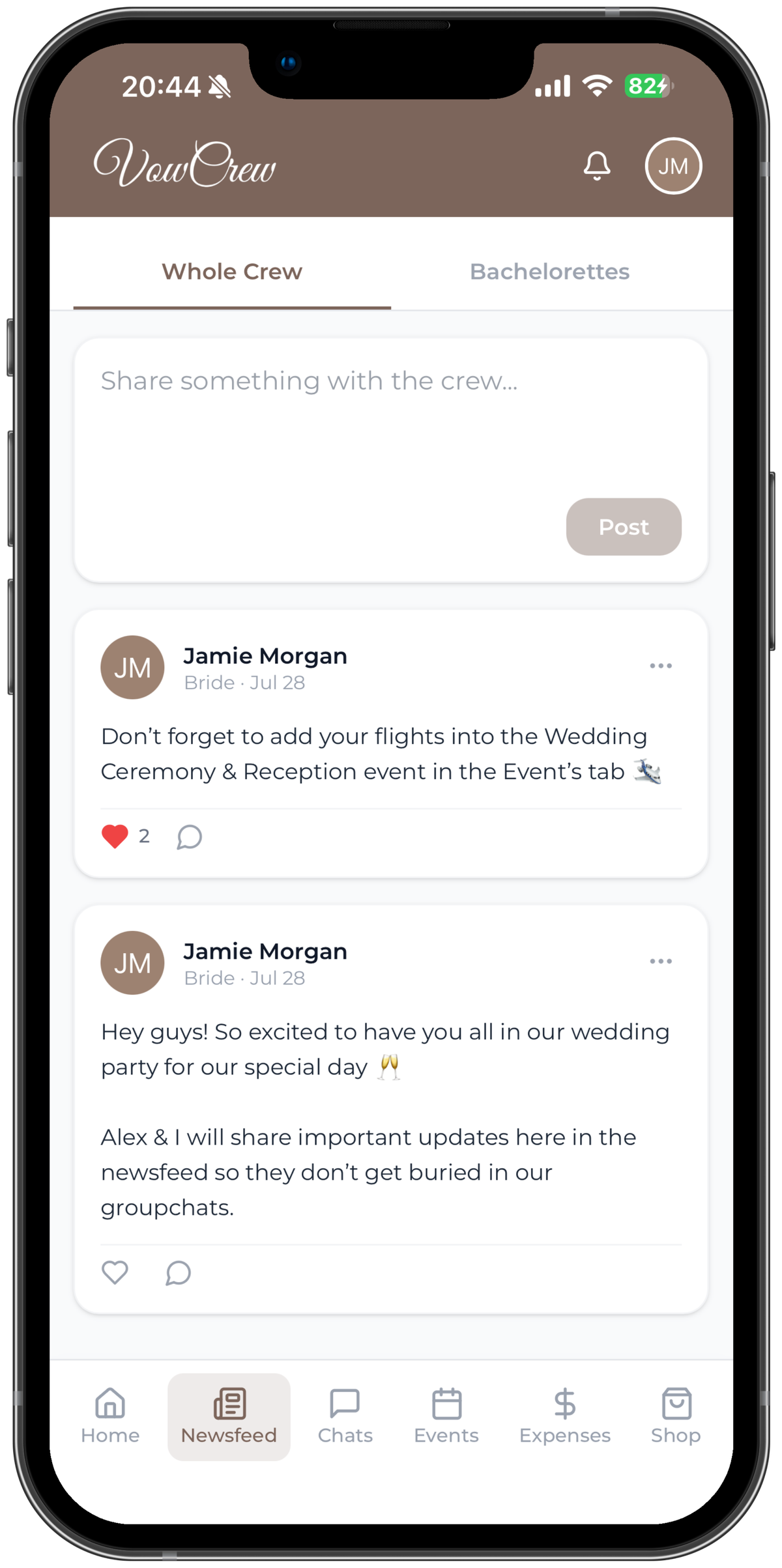 VowCrew Newsfeed screen with Whole Crew and Bachelorettes tabs and a pinned post from the bride