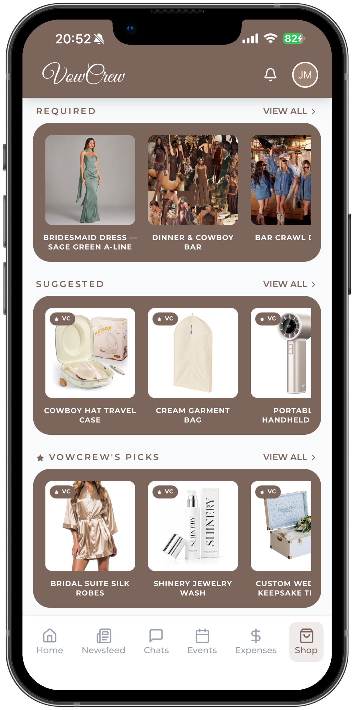 VowCrew Shop screen with Required, Suggested, and VowCrew's Picks sections