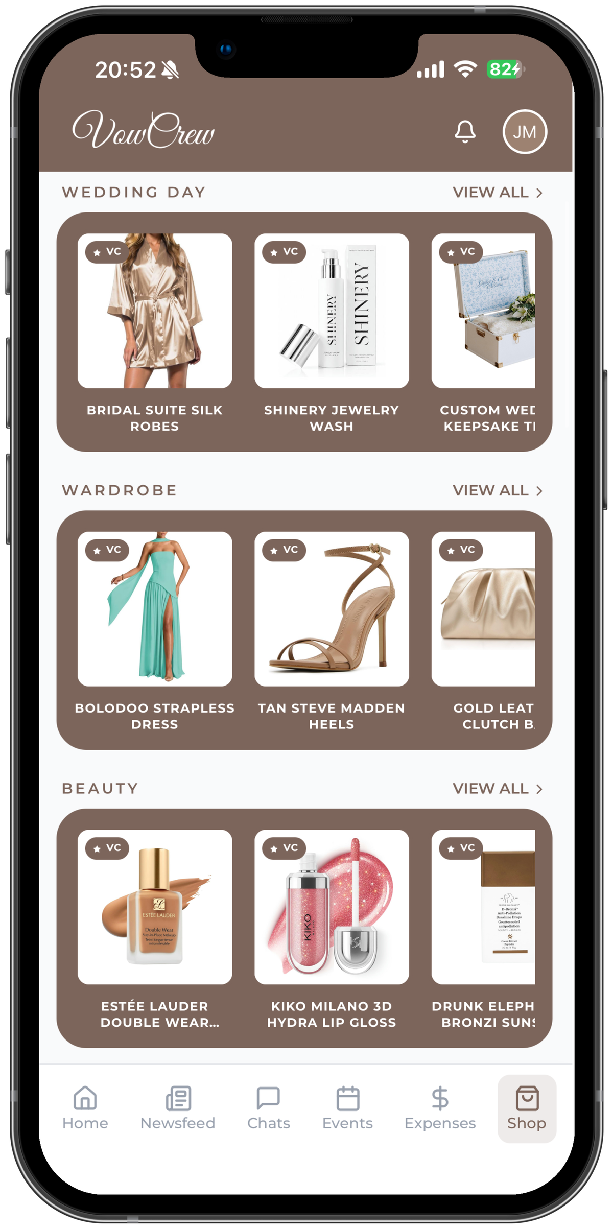 VowCrew Shop screen organized by Wedding Day, Wardrobe, and Beauty categories